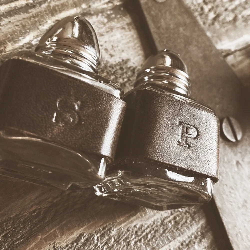 Mini Glass Salt & Pepper Shakers Set | Hand-Wrapped Rustic Italian Leather